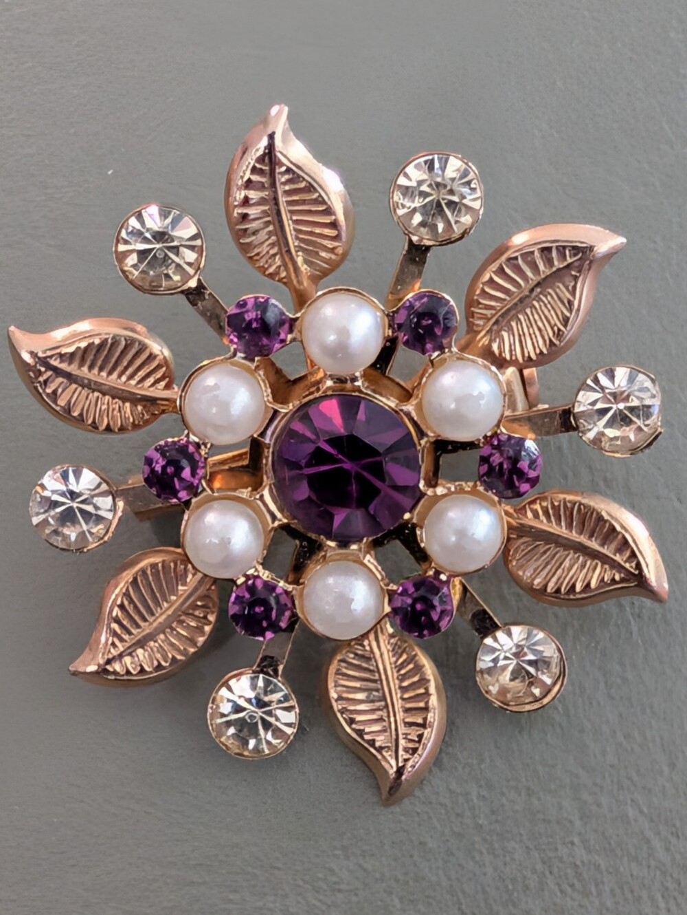 Vintage Gold-Tone Floral Brooch with Purple Crystal and Pearl Accents